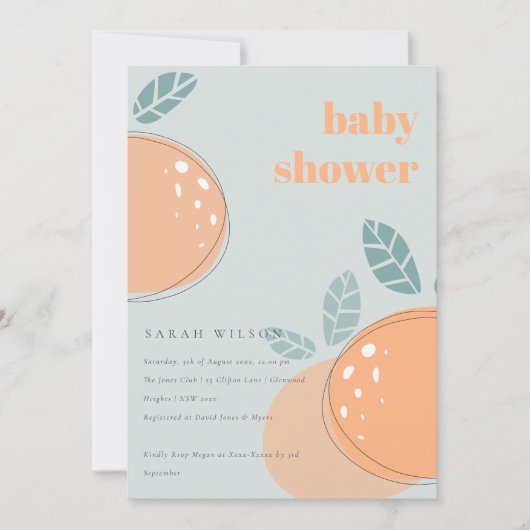 Invitation Dusky Blue Orange Fruity Bold Baby shower (Devant)