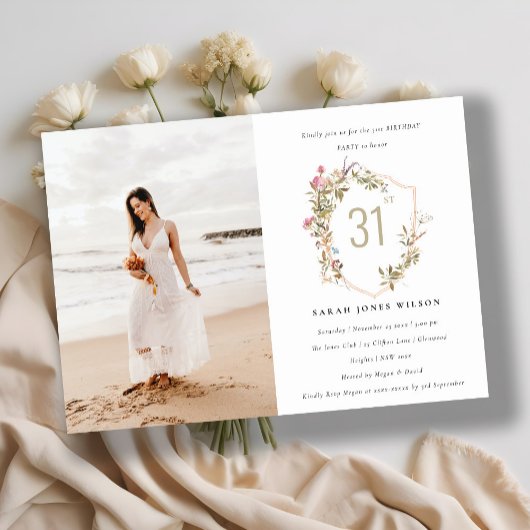 Invitation Dusky Blush Fleur sauvage Crest Photo Anniversaire