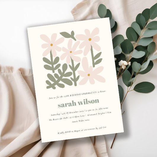 Invitation Dusky Blush Rétro Minimal Floral Anniversaire