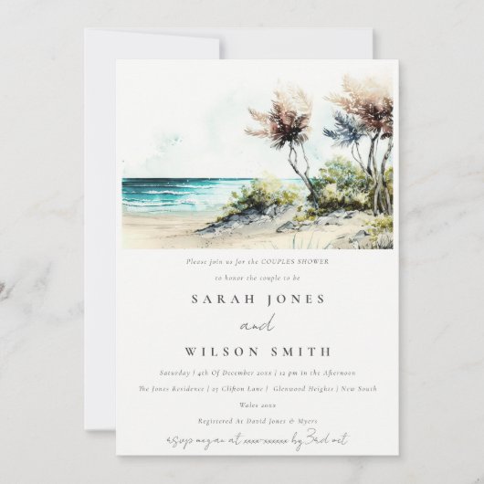 Invitation Dusky Coastal Palm Beach Seascape Couples Douche (Devant)