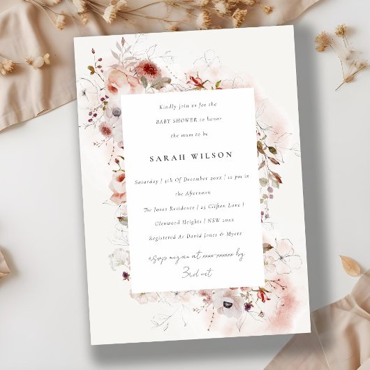 Invitation Dusky Fall Marsala Blush Floral Baby shower