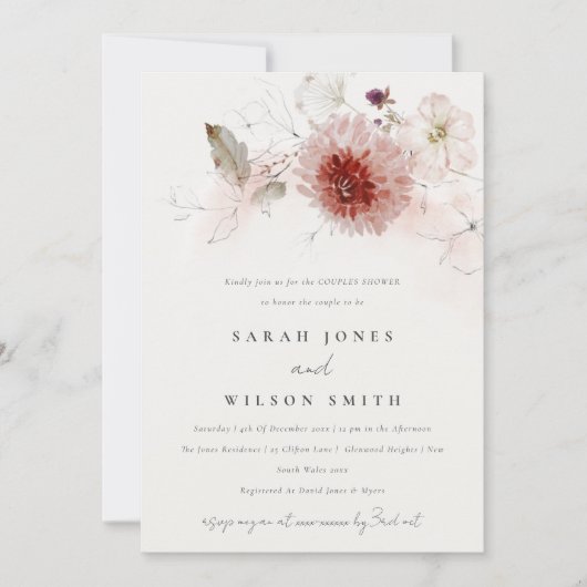 Invitation Dusky Fall Marsala Blush Floral Couples Douche (Devant)