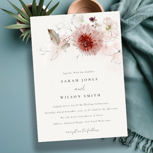 Invitation Dusky Fall Marsala Blush Floral Watercolor Mariage