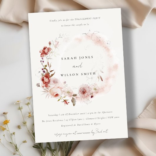 Invitation Dusky Fall Marsala Blush Floral Wreath Fiançailles