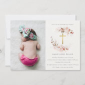 Invitation Dusky Fall Marsala Floral Cross Photo Baptême (Devant)