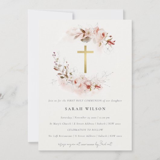 Invitation Dusky Fall Marsala Floral First Holy Communion (Devant)