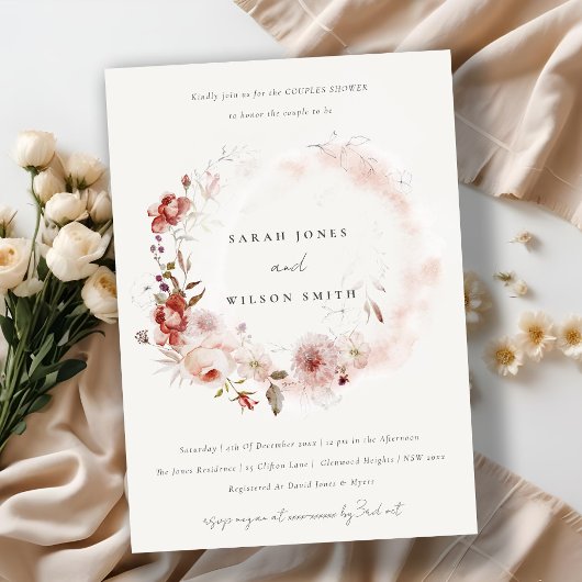 Invitation Dusky Fall Marsala Floral Wreath Couples Douche