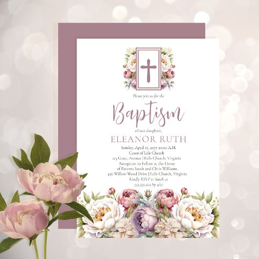 Invitation Dusky Lavender Blossoms Girl Floral Baptism