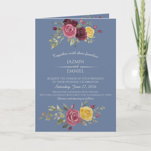 Invitation Dusky Pastel Watercolor Roses Blue (Devant)
