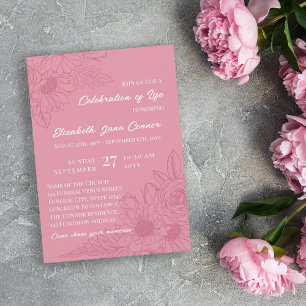 Invitation Dusky Pink Daisies Line Art Celebration of Life