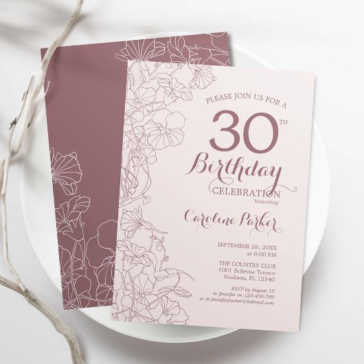 Invitation Dusky Pink Floral 30e fête d'anniversaire
