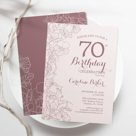 Invitation Dusky Pink Floral 70e fête d'anniversaire