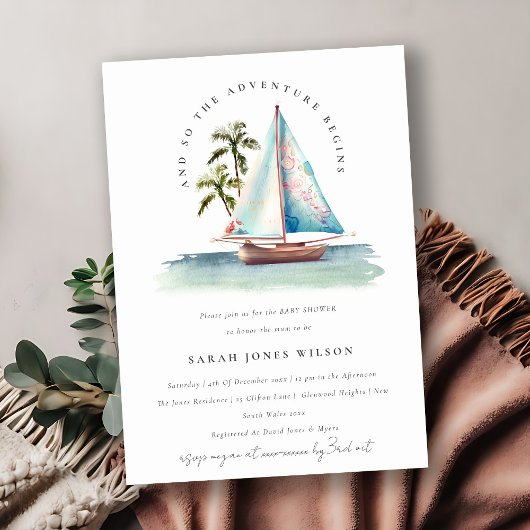 Invitation Dusky Turquoise Sailboat Palm Baby shower marin