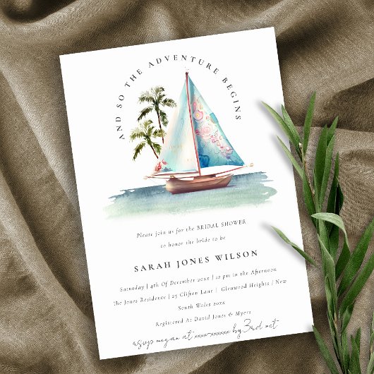 Invitation Dusky Turquoise Sailboat Palm Fête des mariées de