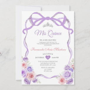 Invitation Dustère violet rose Floral Bow Argent Mis Quince