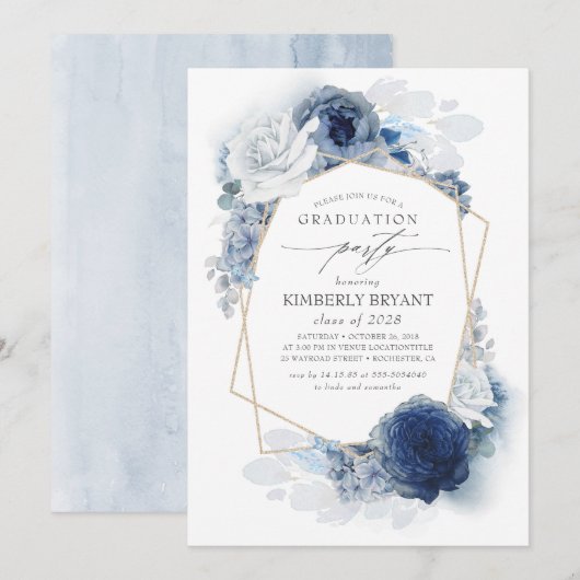 Invitation Dusty and Navy Blue Floral Ombre Graduation (Devant / Derrière)