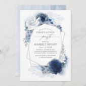 Invitation Dusty and Navy Blue Floral Silver Glitz Graduation (Devant / Derrière)