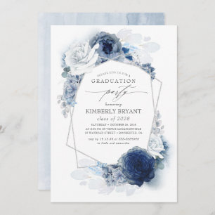 Invitation Dusty and Navy Blue Floral Silver Glitz Graduation