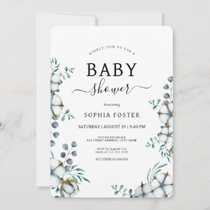 Invitation Dusty Baby shower botanique de fleurs de coton ble