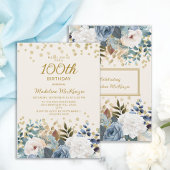 Invitation Dusty Bleu Blanc Floral Or 100e anniversaire