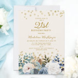 Invitation Dusty Bleu Blanc Floral Or 21e Anniversaire<br><div class="desc">Elégante roses bleu et blanc poussiéreux,  floral,  et verdoyante invitation à la fête du 21e anniversaire des femmes avec parties scintillant d'or. Cette invitation est imprimée des deux côtés. Contactez-moi pour obtenir de l'aide sur vos personnalisations ou pour demander des produits Zazzle correspondants ou coordonnés supplémentaires pour votre groupe.</div>