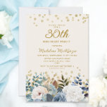 Invitation Dusty Bleu Blanc Floral Or 30e anniversaire<br><div class="desc">Elégante roses bleu et blanc poussiéreux,  floral,  et verdoyante invitation à la fête du 30e anniversaire des femmes avec parties scintillant d'or. Cette invitation est imprimée des deux côtés. Contactez-moi pour obtenir de l'aide sur vos personnalisations ou pour demander des produits Zazzle correspondants ou coordonnés supplémentaires pour votre groupe.</div>