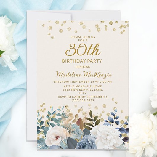 Invitation Dusty Bleu Blanc Floral Or 30e anniversaire
