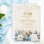 Invitation Dusty Bleu Blanc Floral Or 40e anniversaire<br><div class="desc">Elégante roses bleu et blanc poussiéreux,  floral,  et verdoyante invitation à la fête du 40e anniversaire des femmes avec parties scintillant d'or. Cette invitation est imprimée des deux côtés. Contactez-moi pour obtenir de l'aide sur vos personnalisations ou pour demander des produits Zazzle correspondants ou coordonnés supplémentaires pour votre groupe.</div>