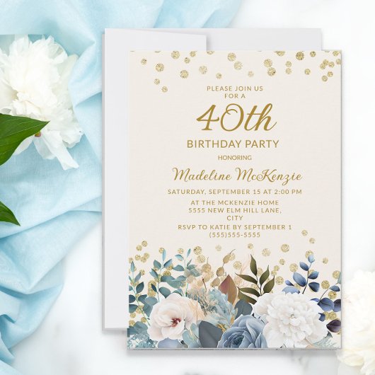 Invitation Dusty Bleu Blanc Floral Or 40e anniversaire
