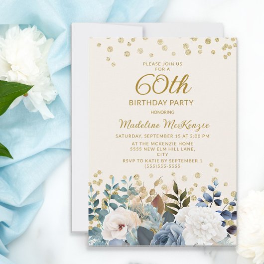 Invitation Dusty Bleu Blanc Floral Or 60e anniversaire