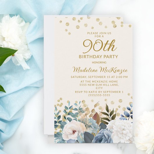 Invitation Dusty Bleu Blanc Floral Or 90e anniversaire