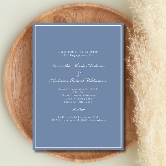 Invitation Dusty Bleu Blanc Formal Élégant Fiançailles de mar