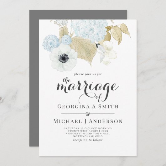 Invitation Dusty Bleu Blanc Marine Anemone Mariage BUDGET (Devant / Derrière)