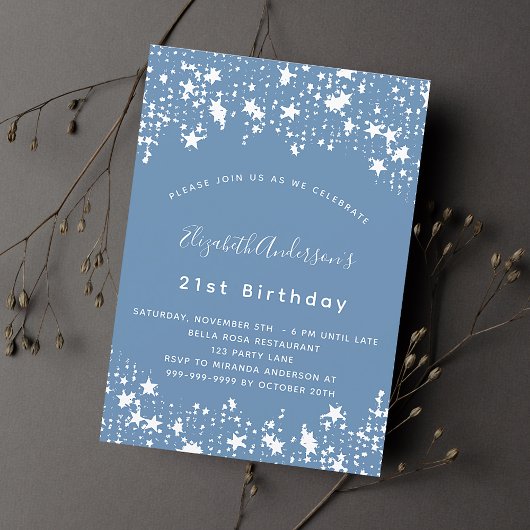 Invitation Dusty bleu blanc stars anniversaire luxe