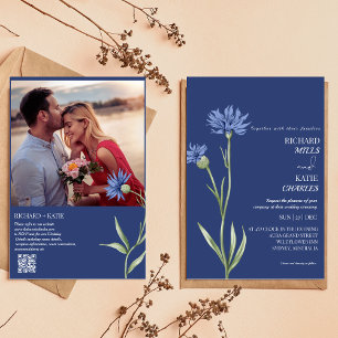 Invitation Dusty bleu Bold Floral élégant code Qr mariage