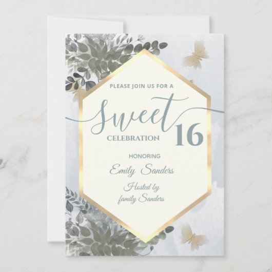 Invitation Dusty bleu Chic aquarelle vert eucalyptus (Devant)