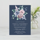 Invitation Dusty bleu et rose Floral Code QR Mariage Marine (Debout devant)