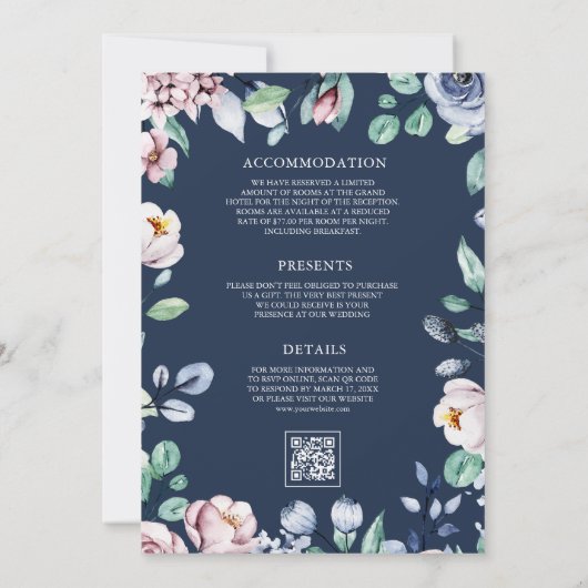 Invitation Dusty bleu et rose Floral Code QR Mariage Marine (Dos)
