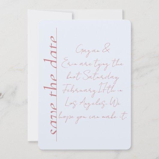 Invitation Dusty bleu et rose Love Note Enregistrer la date (Devant)