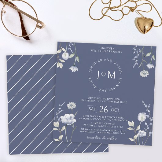 Invitation Dusty bleu fleur sauvage élégant Monogram Mariage