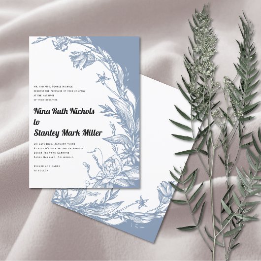 Invitation Dusty bleu fleurs typographie mariage floral