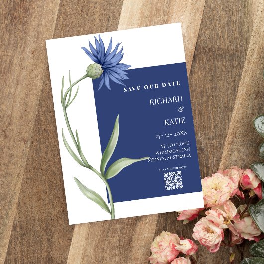 Invitation Dusty bleu Floral élégant code Qr mariage