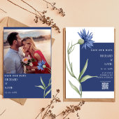 Invitation Dusty bleu Floral élégant code Qr mariage