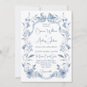 Invitation Dusty bleu floral vert ruban élégant mariage (Devant)