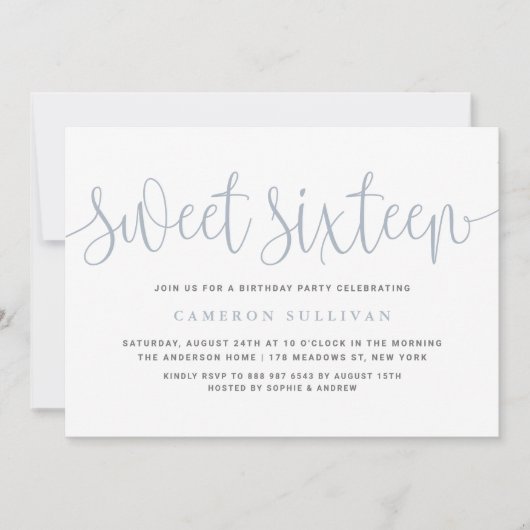 Invitation Dusty Bleu Jolie Calligraphie Douce 16 Partie (Devant)