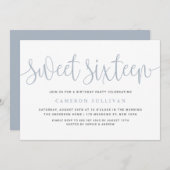 Invitation Dusty Bleu Jolie Calligraphie Douce 16 Partie (Devant / Derrière)
