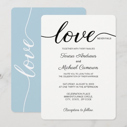 Invitation Dusty bleu Mariage chrétien amour ne tombe jamais  (Devant / Derrière)
