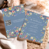 Invitation Dusty bleu moderne QR Code Fleur sauvage Mariage