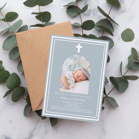 Invitation Dusty bleu photo arc garçon Baptême