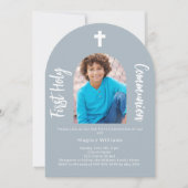 Invitation Dusty bleu photo arc garçon Première communion sai (Devant)